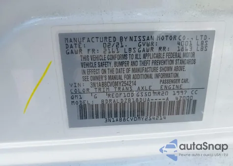 2021 Nissan Sentra Sv Xtronic Cvt z USA, uszkodzony, nr VIN 3N1AB8CV0MY254214